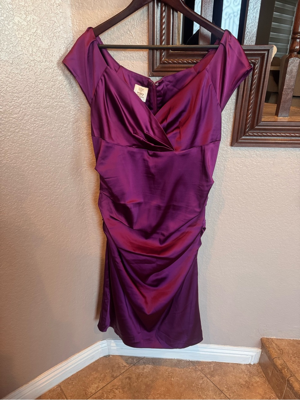Suzi Chin for Maggy Boutique Plum Satin Ruched Sheath Dress
